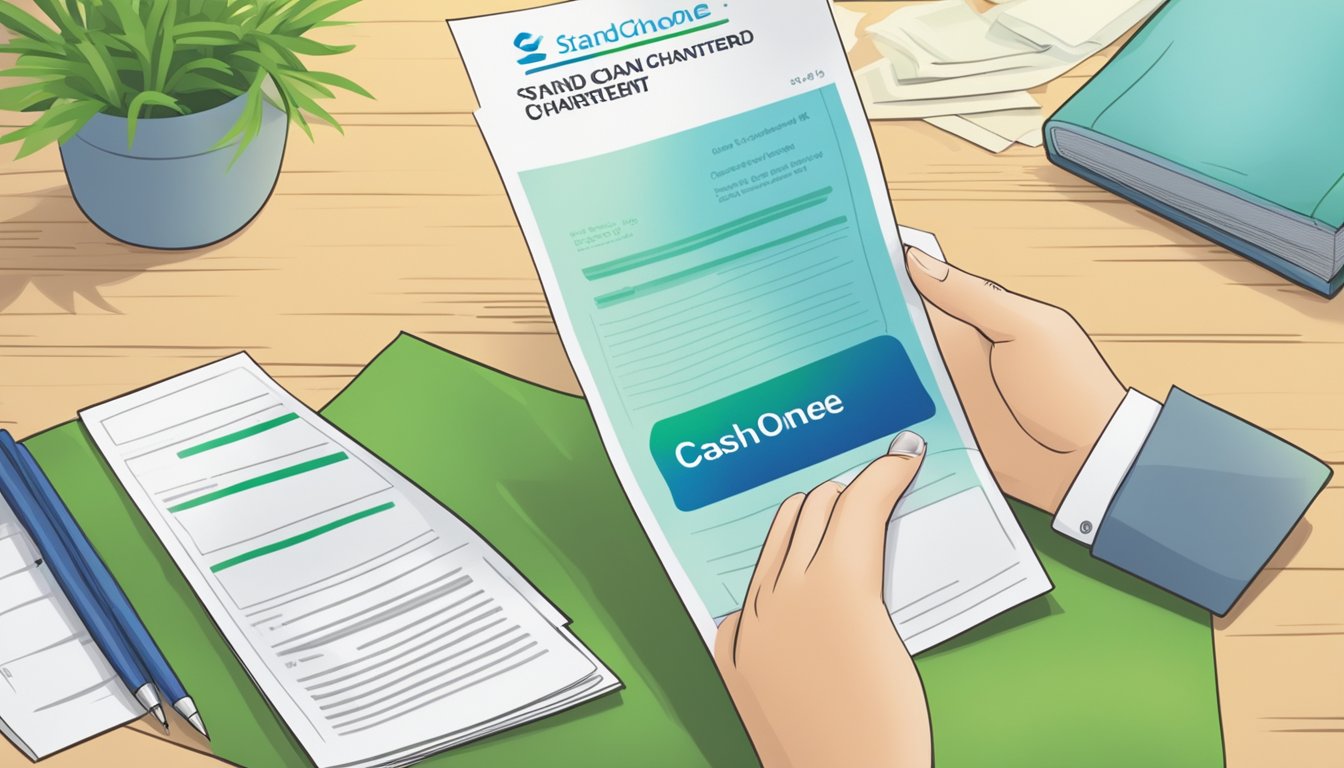 A hand holding a Standard Chartered CashOne loan agreement in Singapore. The background could include a bank branch or financial institution setting