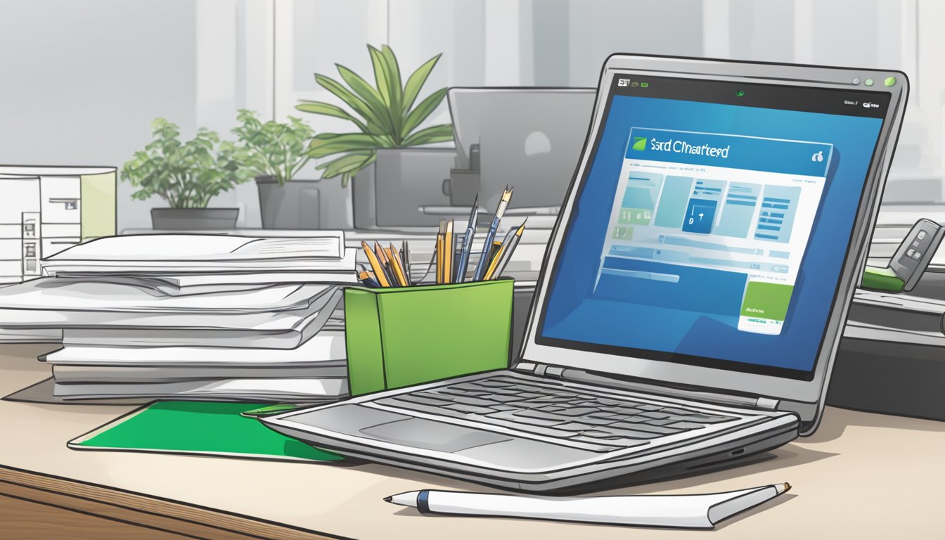 A desk with a laptop, paperwork, and a calculator. A Standard Chartered logo is visible on the laptop screen