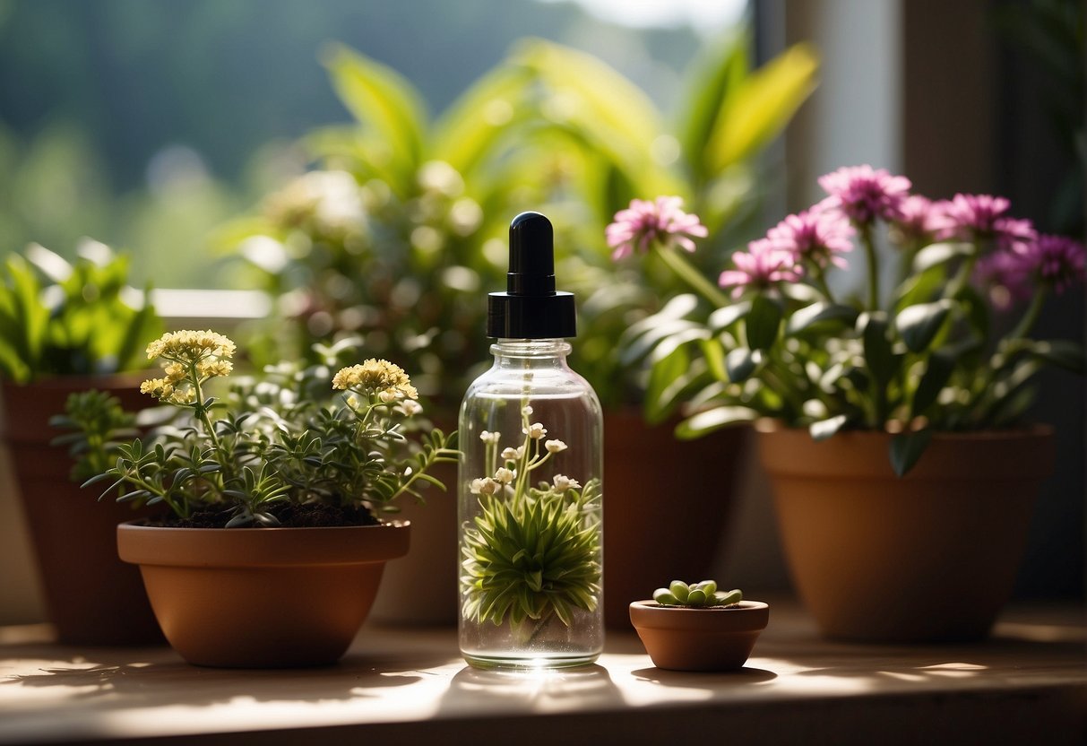 A bottle of hair growth serum surrounded by vibrant, healthy-looking plants and flowers, with rays of sunlight streaming in through a window