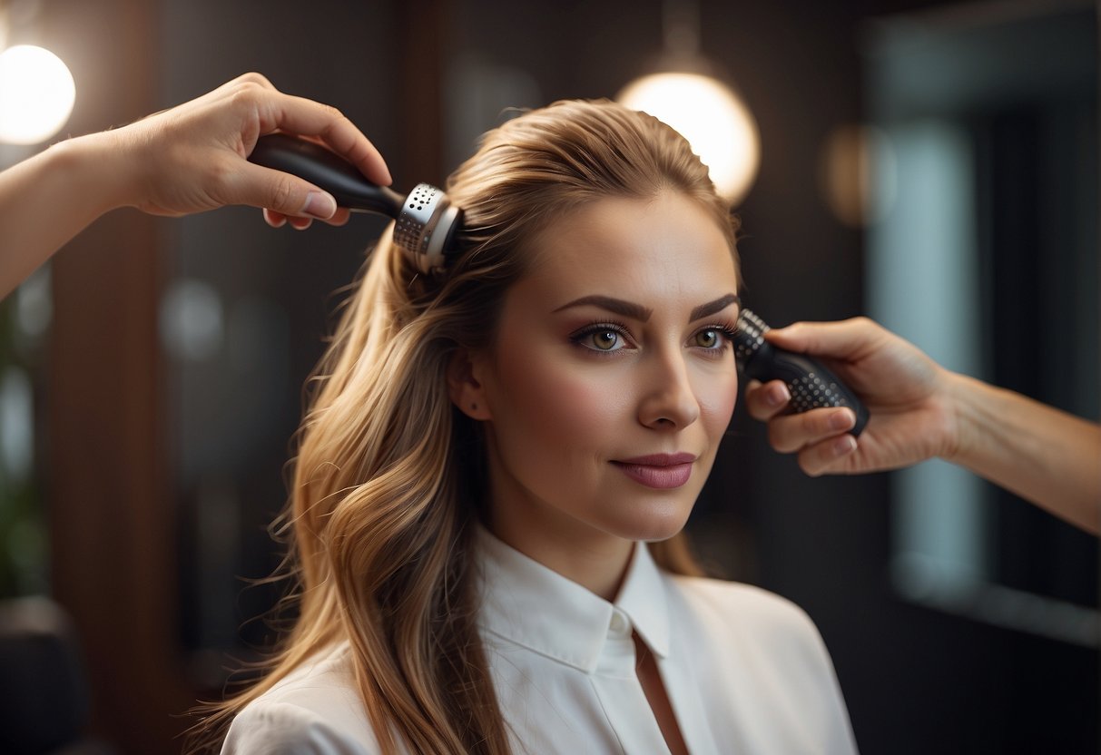 A woman's hair care routine: brushing, applying oil, and using a scalp massager to promote hair growth