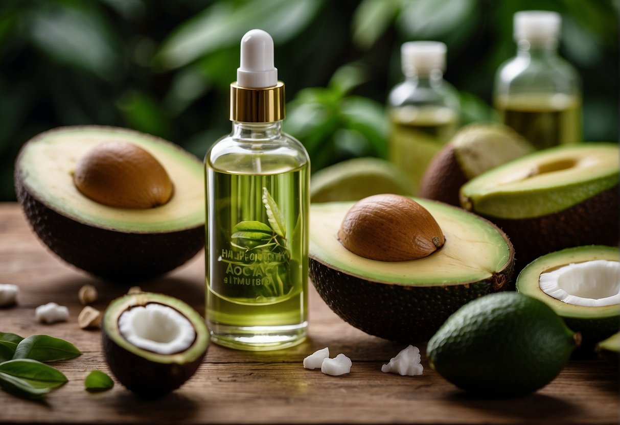 A bottle of hair growth serum surrounded by various natural ingredients like avocado, coconut, and aloe vera