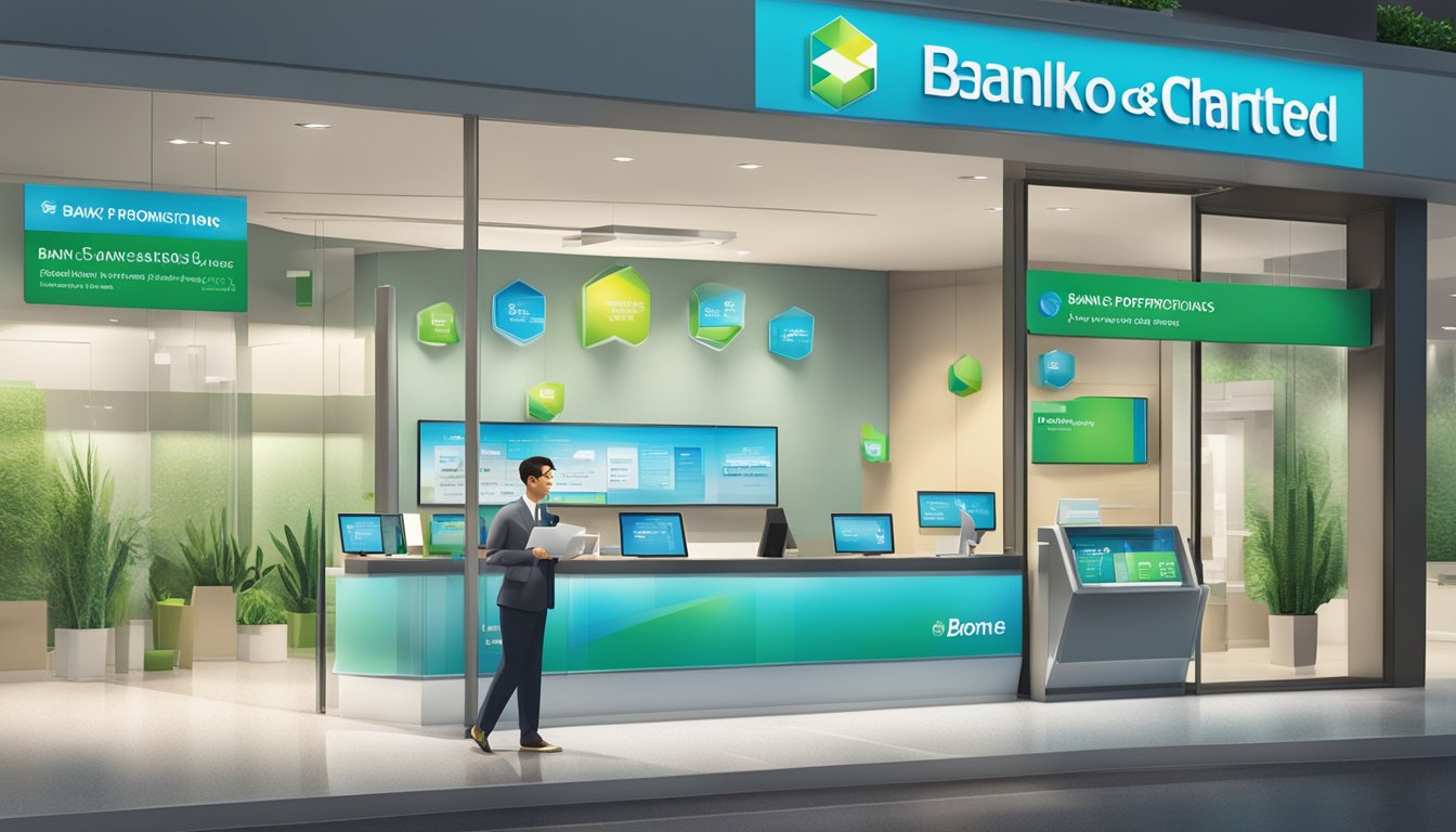 A bright, modern bank branch with a prominent "Benefits and Promotions" display for Standard Chartered CashOne Loan in Singapore