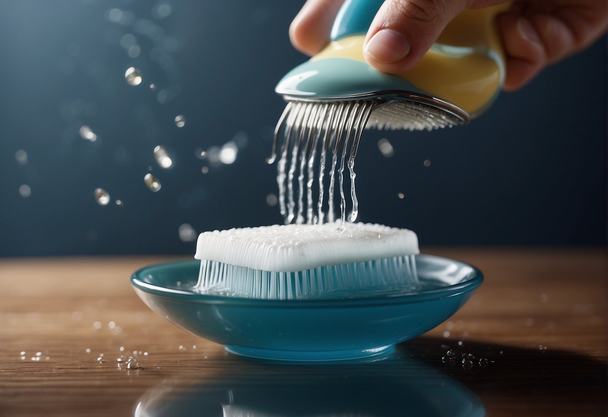 A hand pours shampoo onto a hairbrush, while another hand runs a comb through bristles under running water. Suds and hair clumps are washed away