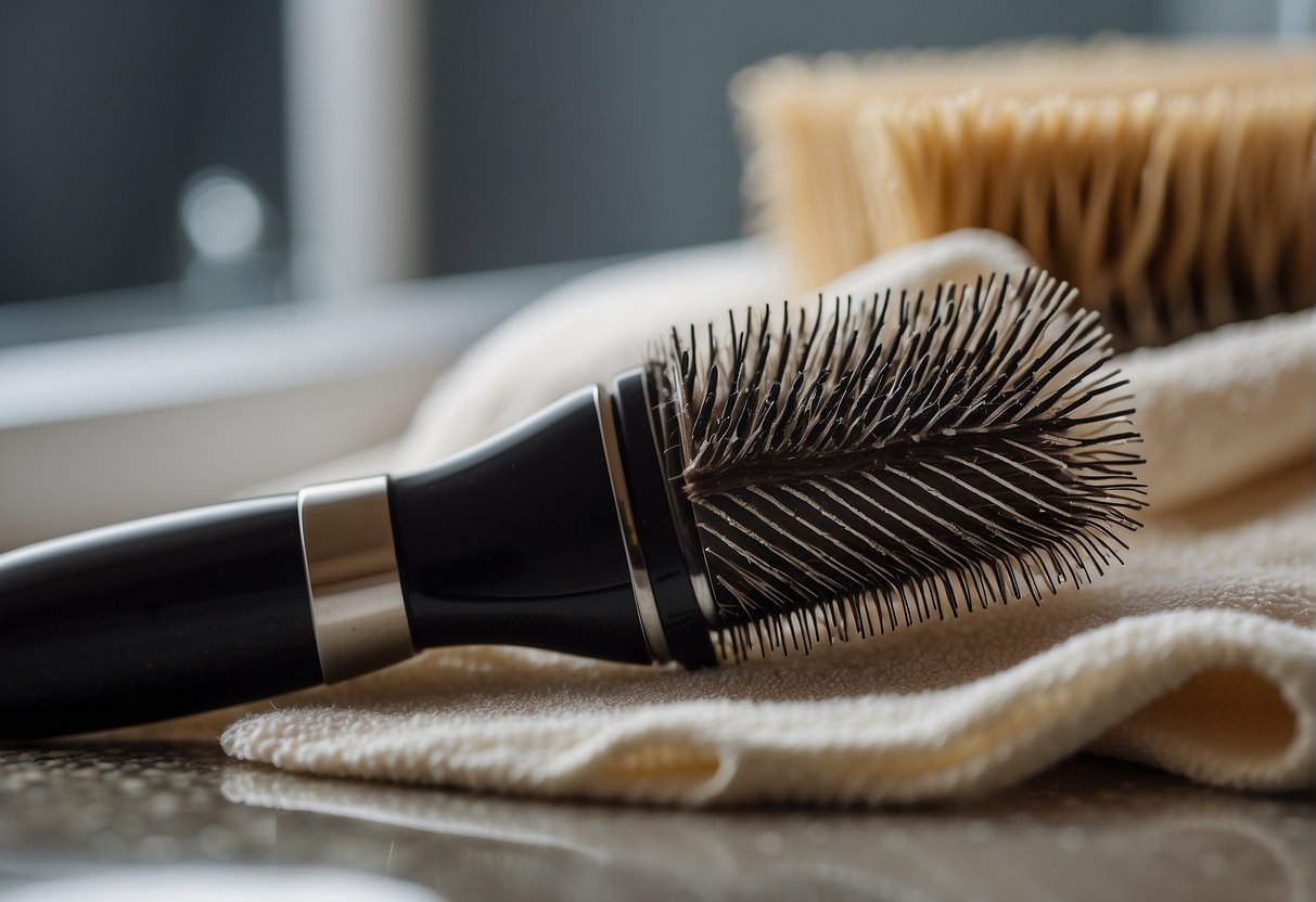 Hairbrushes being cleaned with soapy water and a comb, then left to air dry on a towel