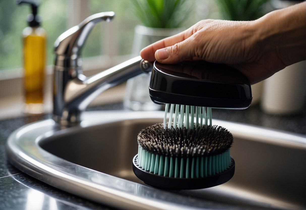 Hairbrushes being cleaned with soap and water in a sink