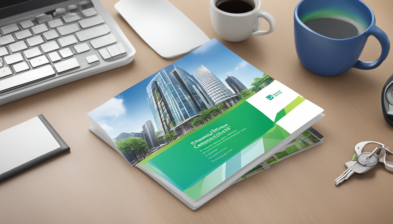 A commercial property loan brochure with various features and options displayed on a desk, with the Standard Chartered logo prominently featured