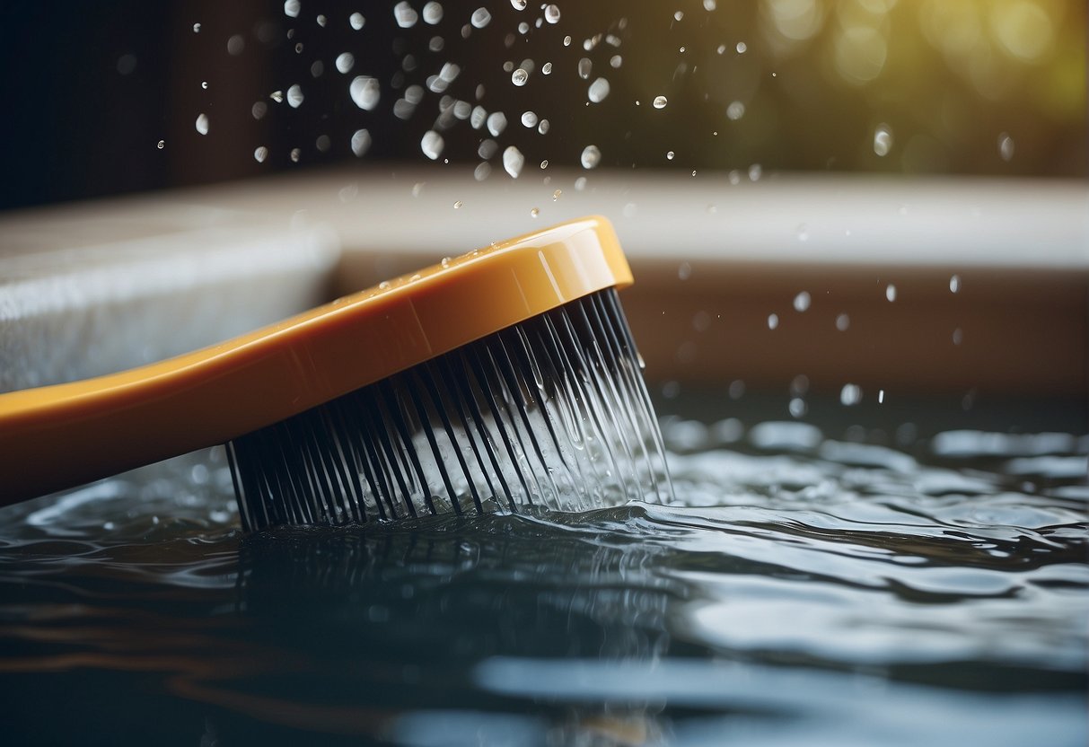 A hand holds a hairbrush under running water, using a gentle shampoo and a comb to remove hair and residue