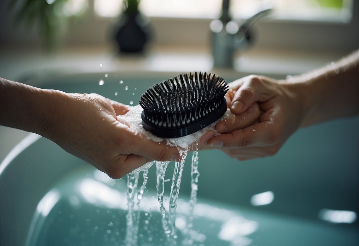 A hand holding a hairbrush under running water, using shampoo and gently scrubbing with fingers, then rinsing and patting dry with a towel