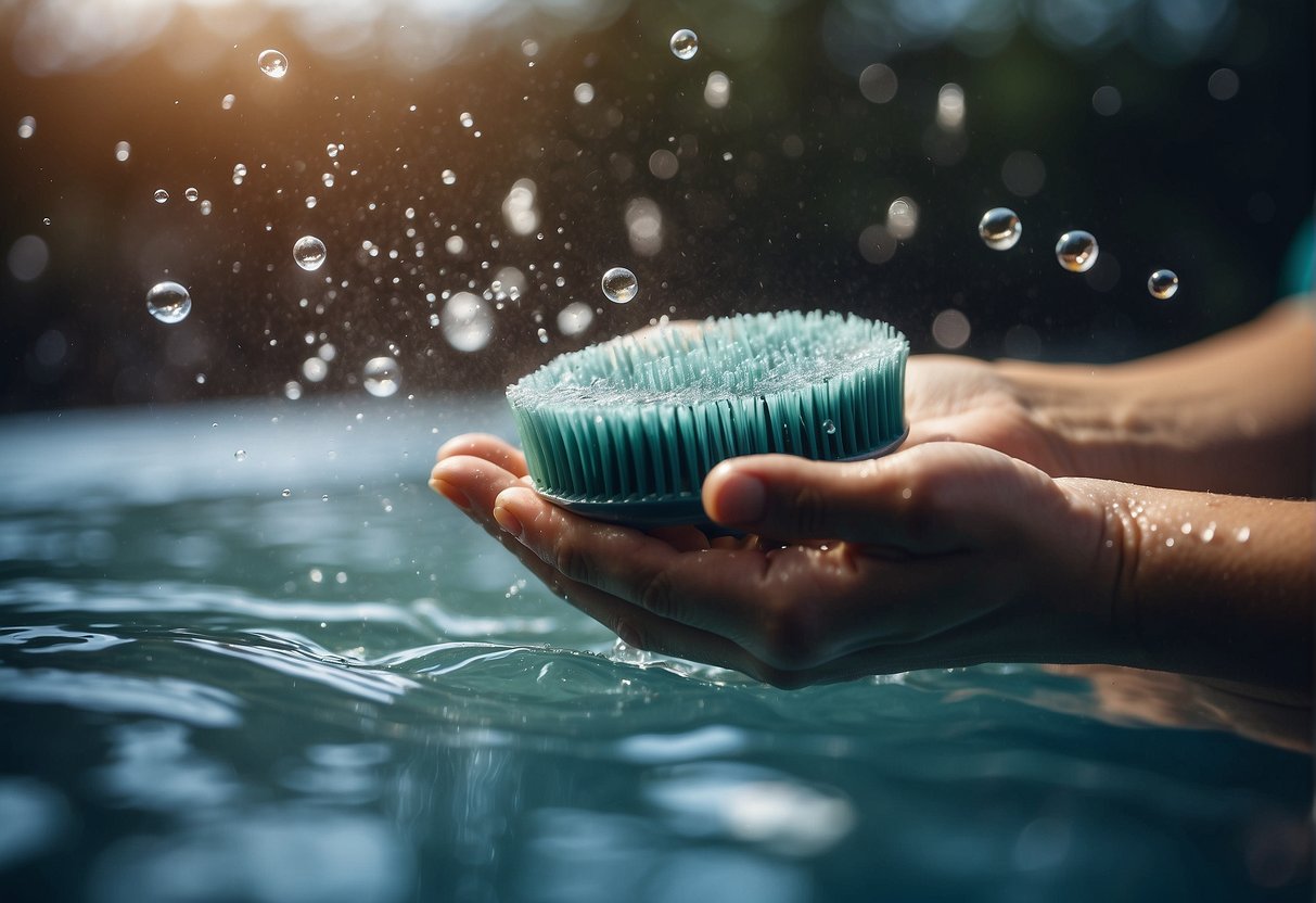 A hand holding a hairbrush submerged in soapy water, with bubbles and a scrub brush nearby