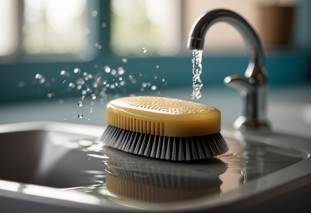 A hairbrush being cleaned with soap and water under a running faucet