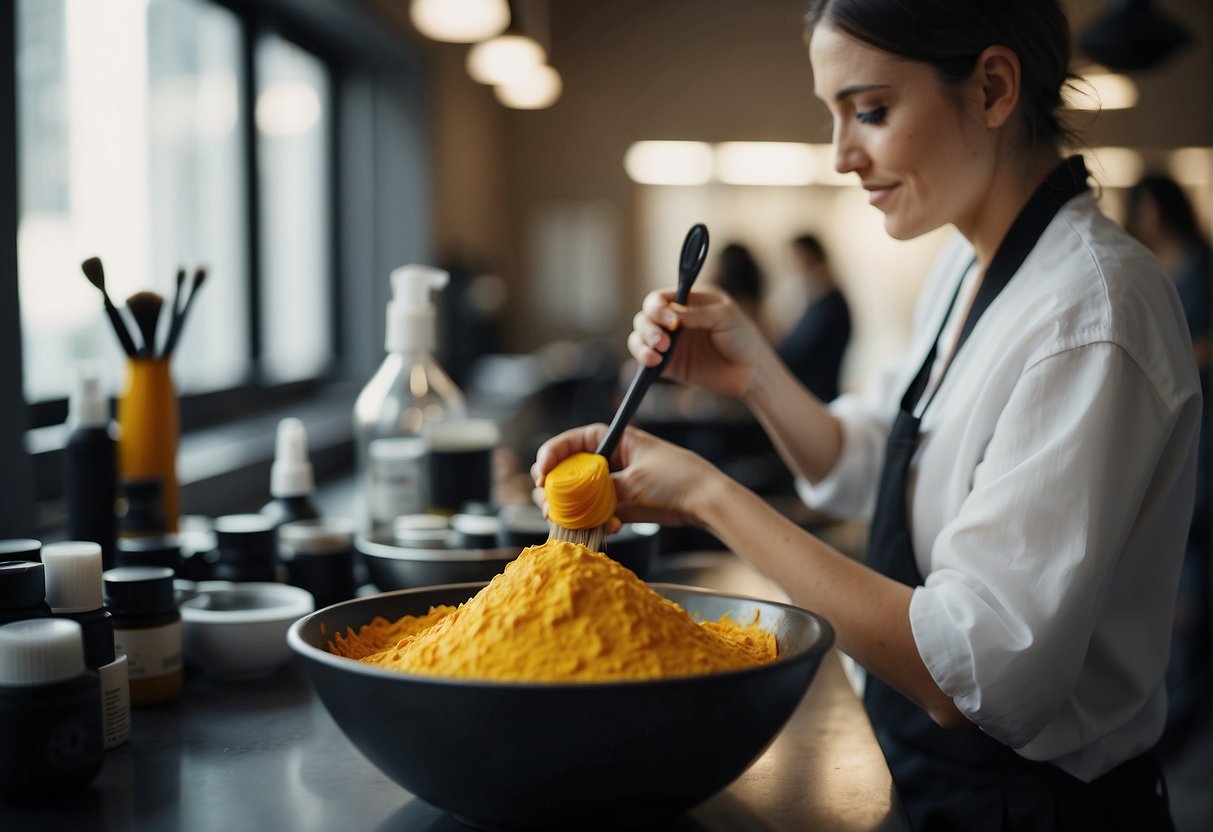 A person mixing hair dye in a bowl, applying it to their hair with a brush, and waiting for the color to develop