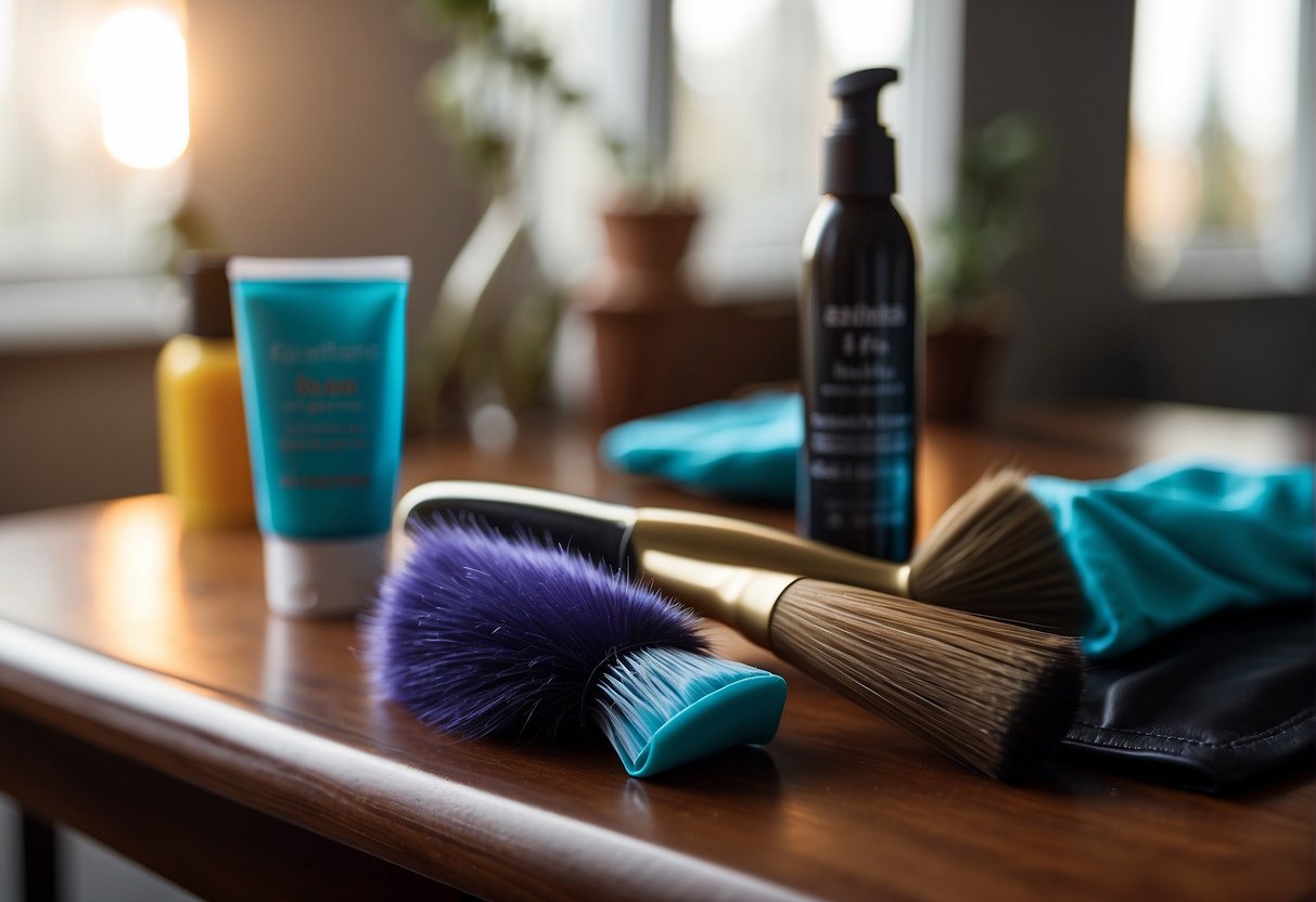 A table with hair dye, gloves, and a brush ready for at-home hair coloring