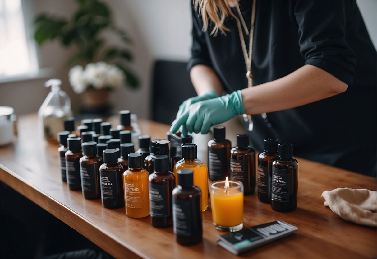 A person applying hair dye at home, with bottles of dye, gloves, and instructions laid out on a table