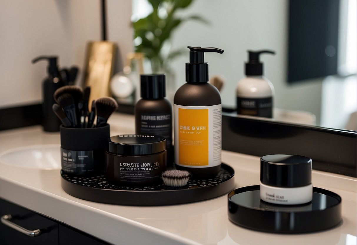 A person holding a hair dye box and a brush, standing in front of a bathroom mirror with towels and hair care products on the counter