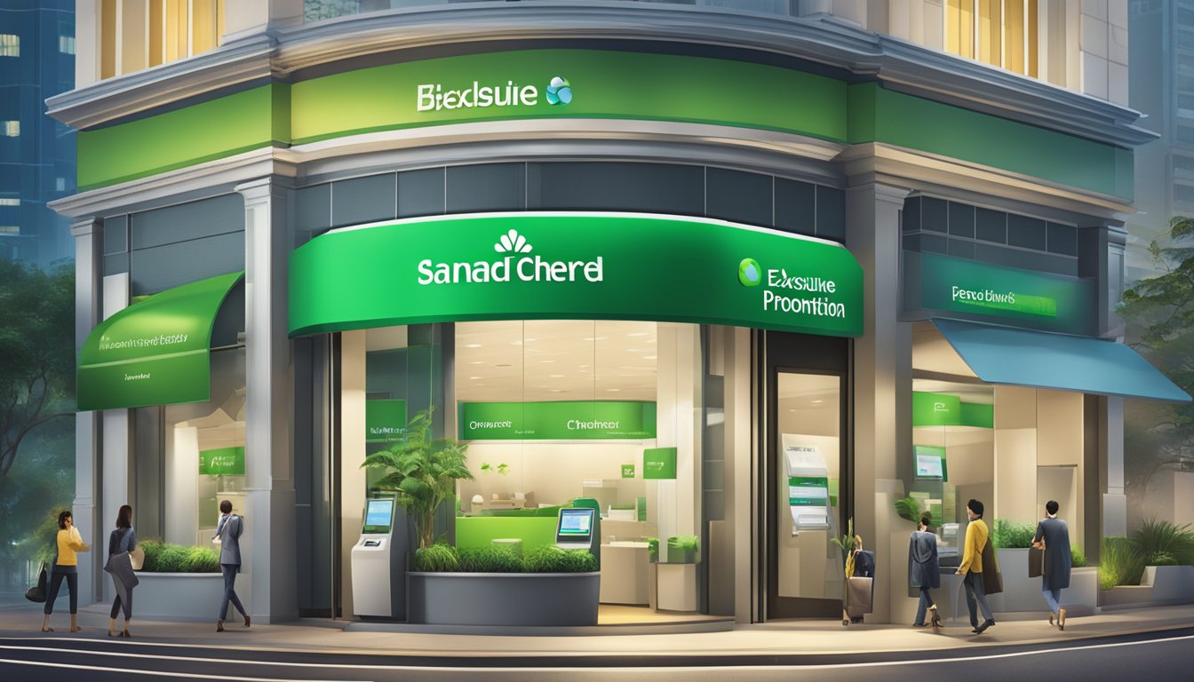 A bright, modern bank branch with a prominent "Exclusive Offers and Promotions" display for Standard Chartered consolidation loan in Singapore