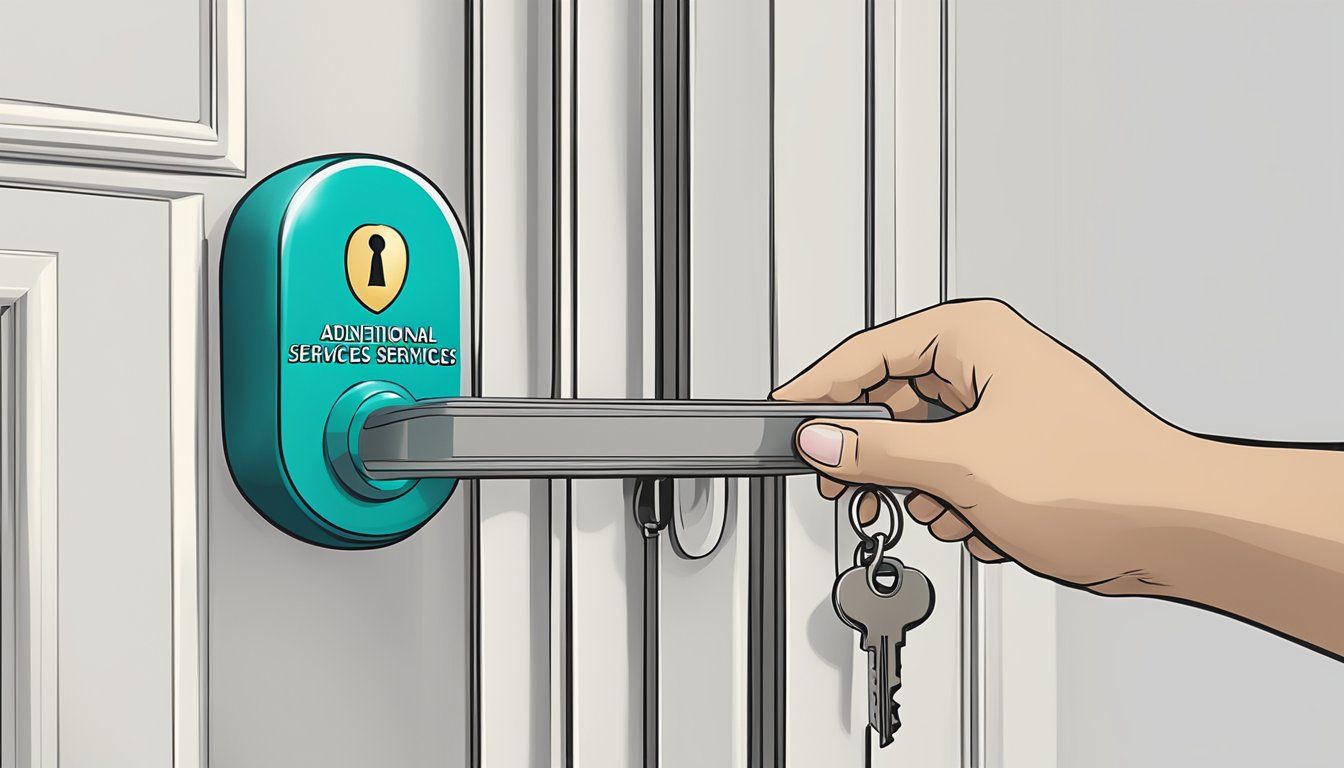 A hand holding a key unlocking a door labeled "Additional Services and Benefits" for a Standard Chartered consolidation loan in Singapore