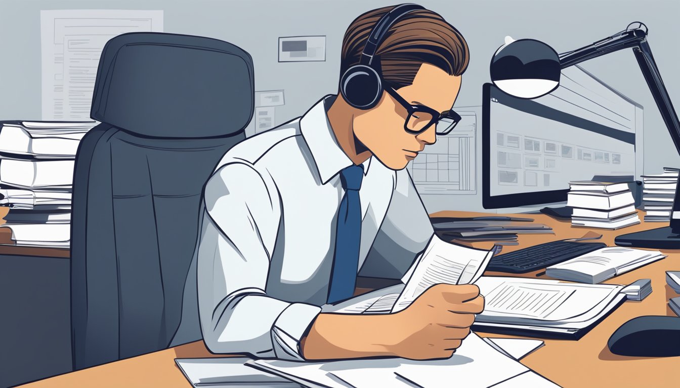 A person sitting at a desk, surrounded by paperwork and a computer, with a phone nearby. The person appears to be reading through a document and taking notes