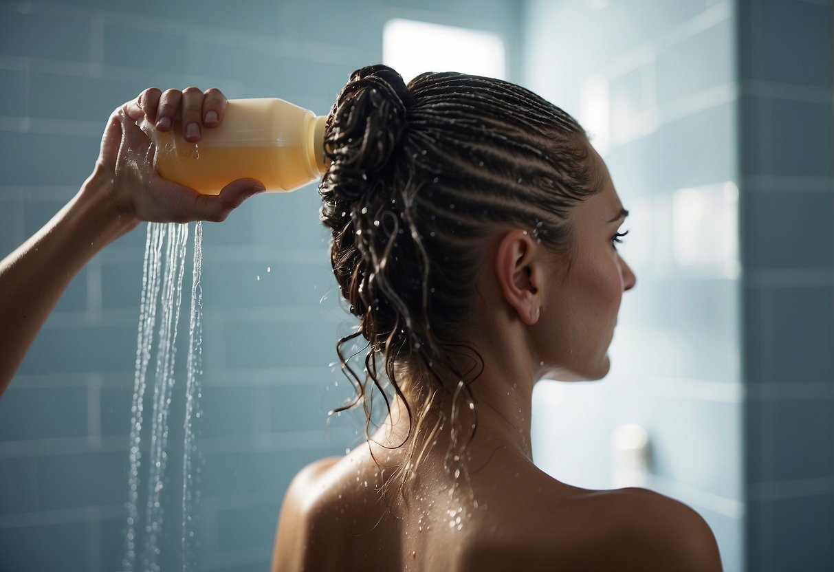 A shampoo bottle pouring onto greasy hair, lathering and rinsing in a shower