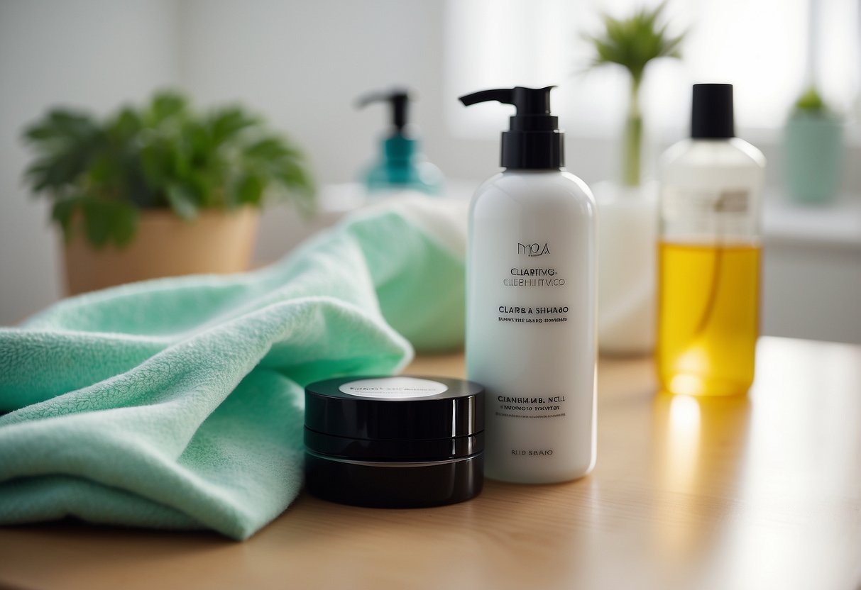 A bottle of clarifying shampoo next to a pile of oil-absorbing hair powder on a clean, white bathroom counter