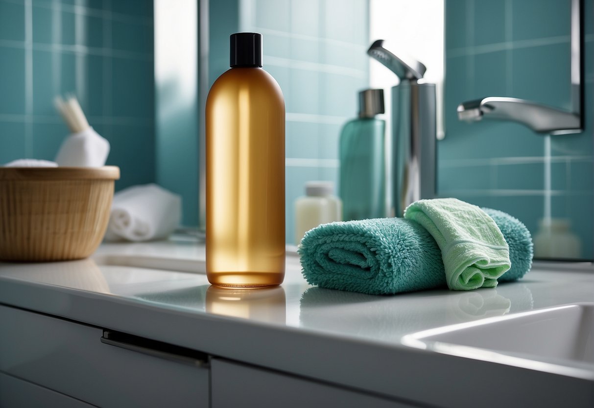 A bottle of clarifying shampoo and a hand towel sit on a bathroom counter, with a hairbrush and a sink in the background