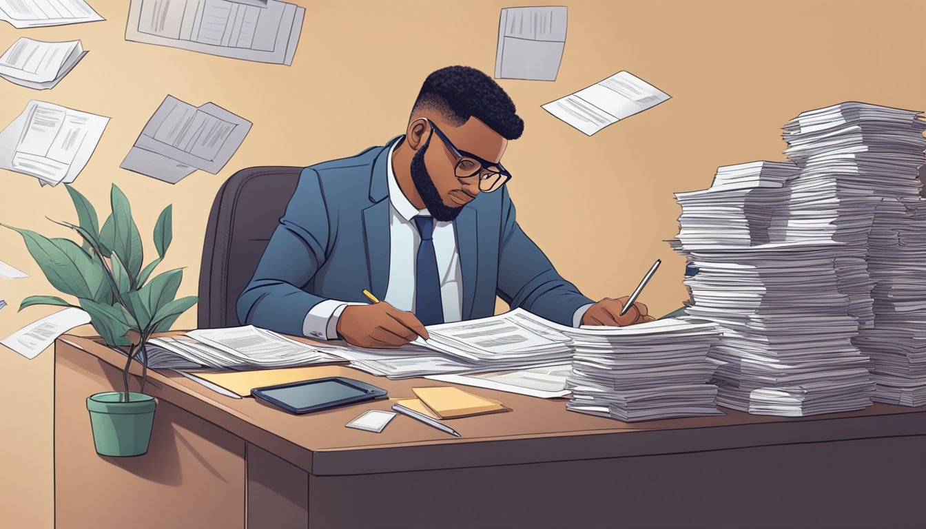A person sitting at a desk, surrounded by bills and financial documents. A calculator and pen are in hand, with a look of determination on their face