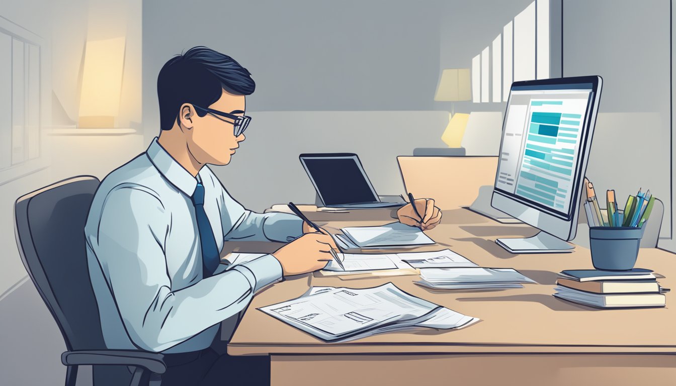 A person sitting at a desk, filling out paperwork with a pen. A laptop and calculator are nearby, with documents labeled "Standard Chartered Debt Consolidation Singapore."
