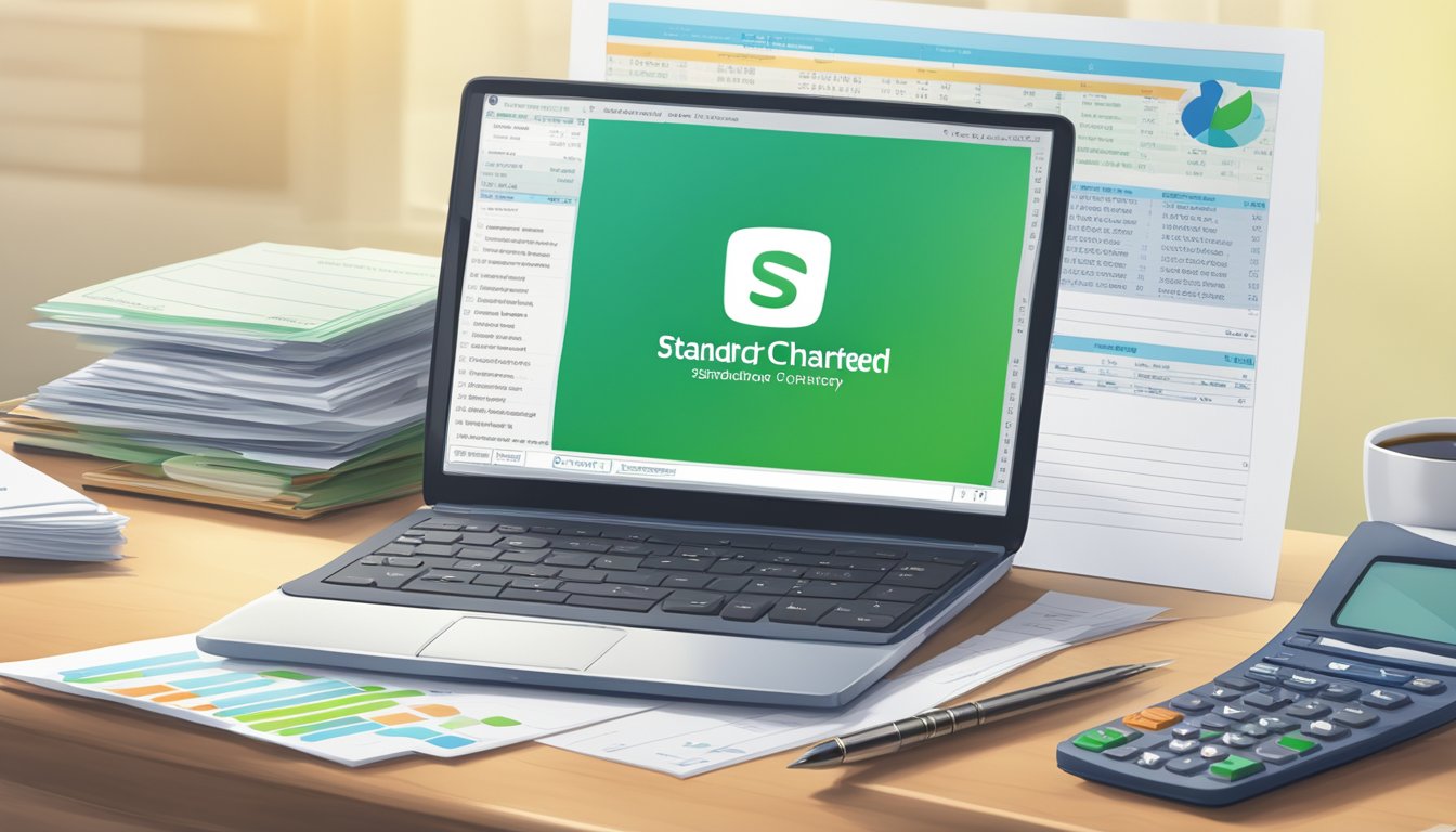 A stack of financial documents, a calculator, and a laptop on a desk with the Standard Chartered logo visible