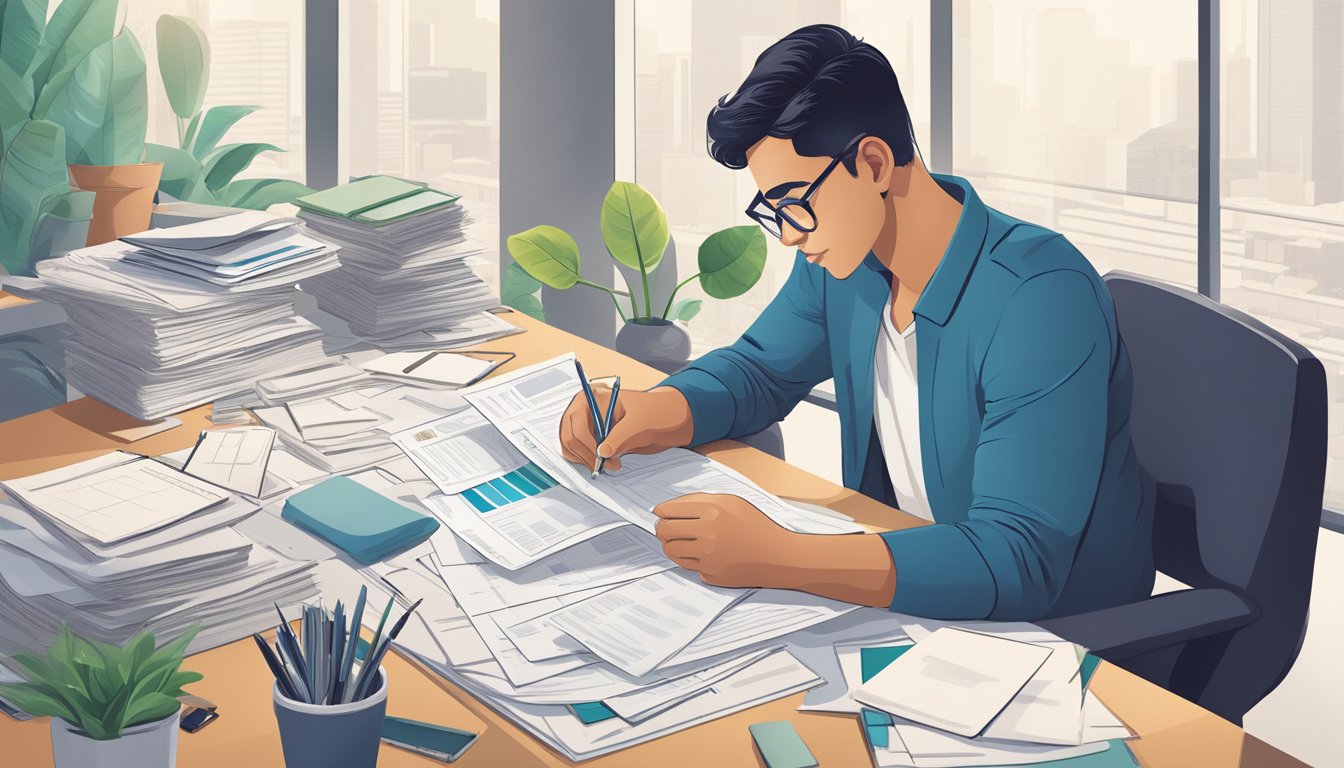 A person sits at a desk, surrounded by paperwork and financial documents. They are comparing different debt consolidation plans offered by Standard Chartered in Singapore