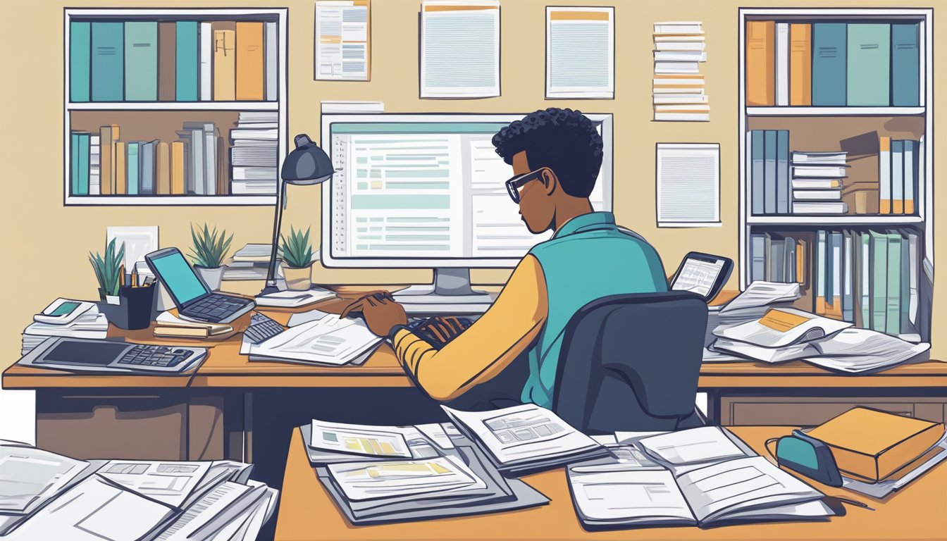 A person sitting at a desk, surrounded by paperwork, with a calculator and computer, researching debt consolidation options