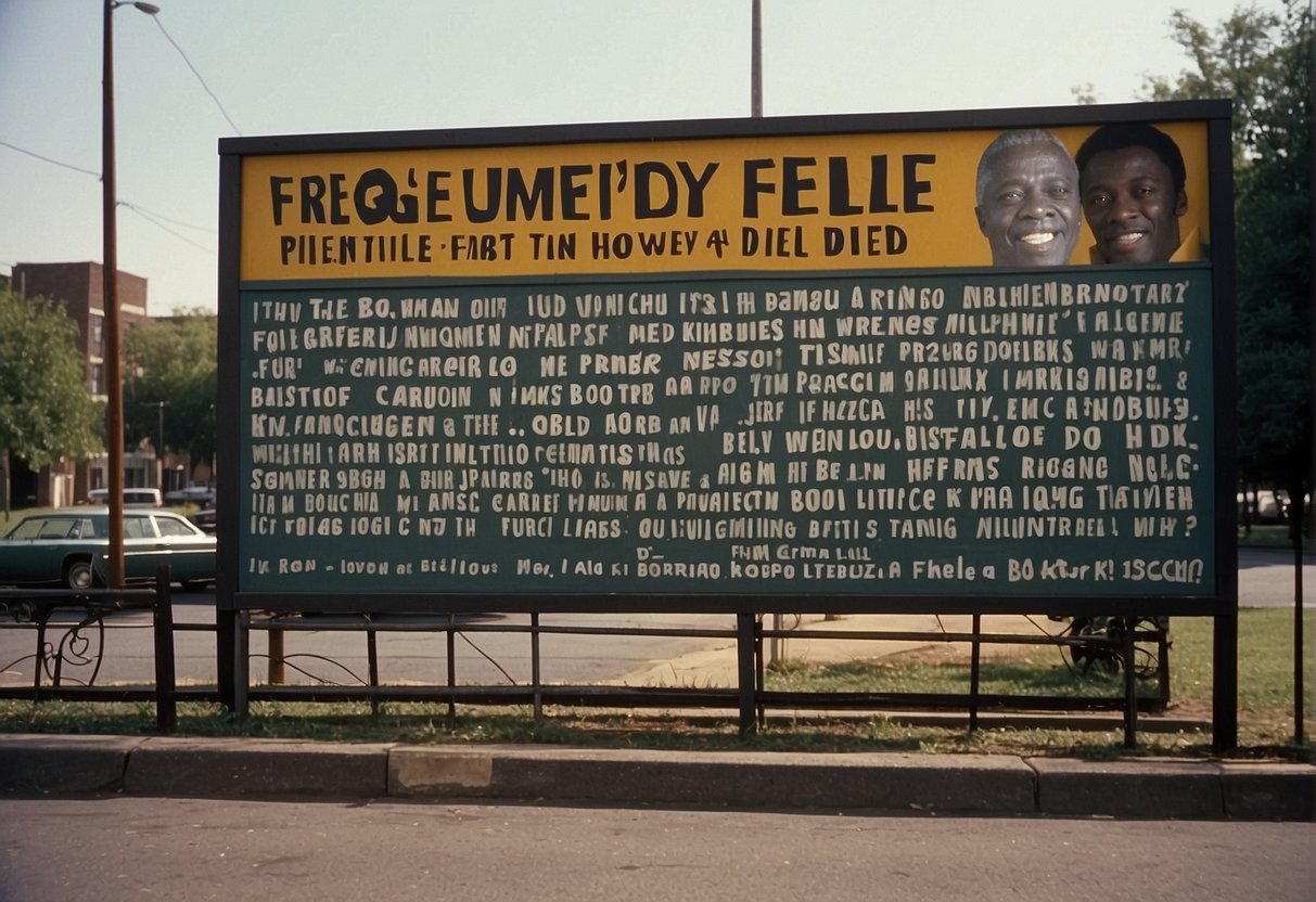 A sign with "Frequently Asked Questions: How old was Pelé when he died?" in bold letters, surrounded by puzzled onlookers