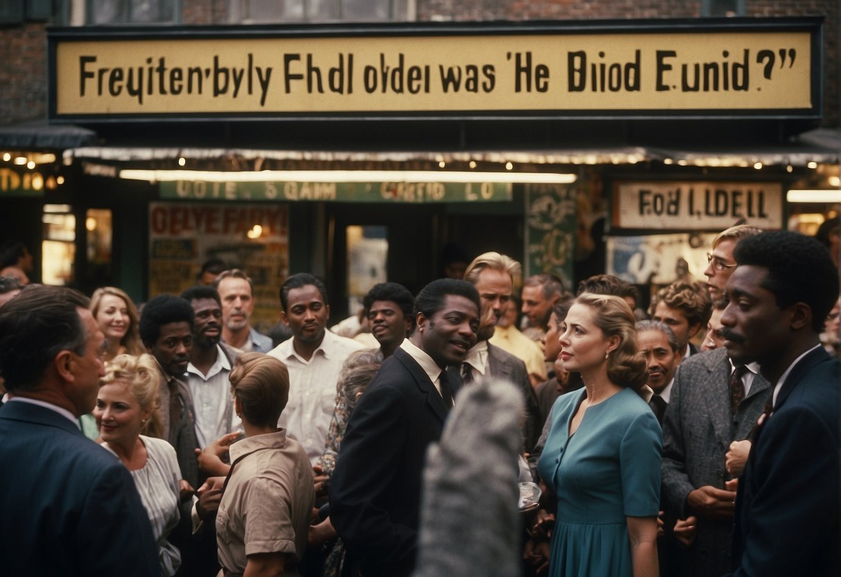 A sign with "Frequently Asked Questions: How old was Pelé when he died?" in bold letters, surrounded by curious onlookers
