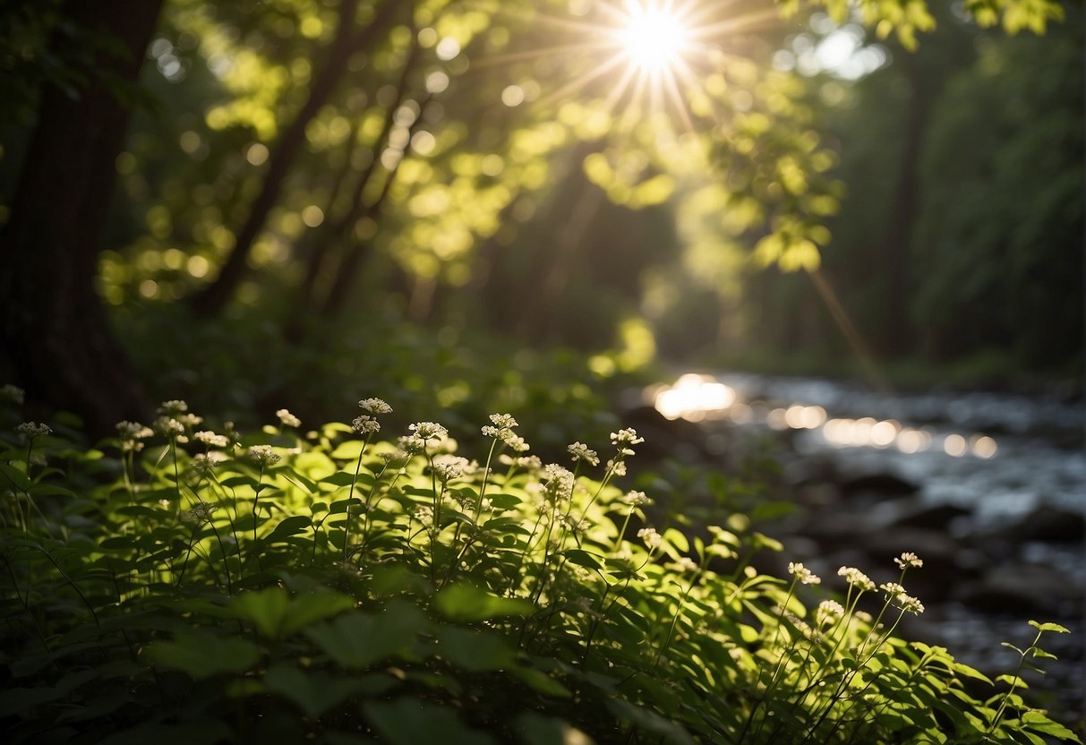 Sunlight filters through a canopy of green leaves, casting dappled shadows on a flowing river. A cluster of wildflowers blooms in the foreground, their petals catching the golden light