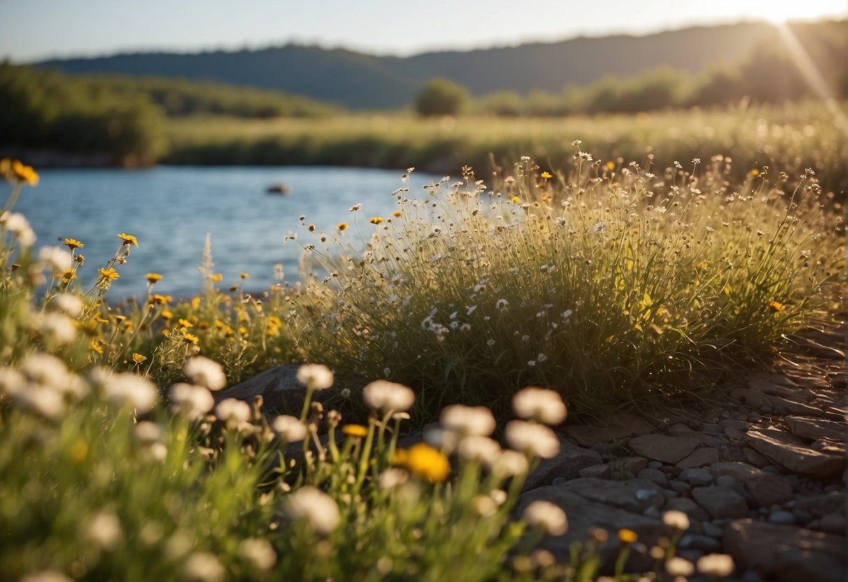 A sunlit field with wildflowers, a flowing river, and a clear blue sky