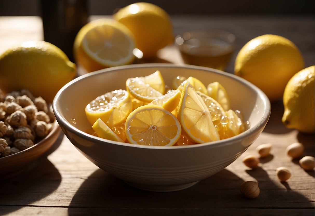 A bowl of natural hair lightening ingredients, such as lemon juice and honey, sits on a wooden table with a ray of sunlight shining down