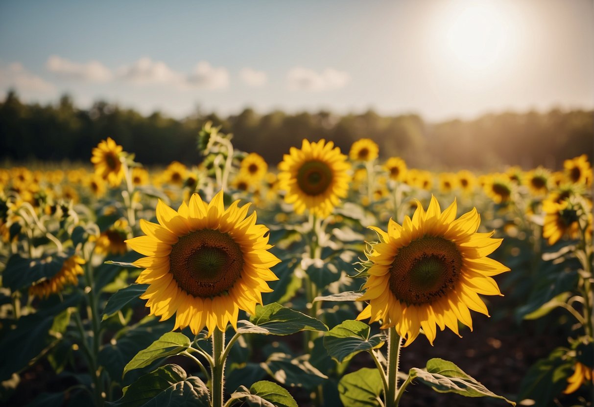 A bright sun shines down on a field of sunflowers, their yellow petals glowing in the light. A gentle breeze rustles the leaves of nearby trees, creating a peaceful and serene atmosphere