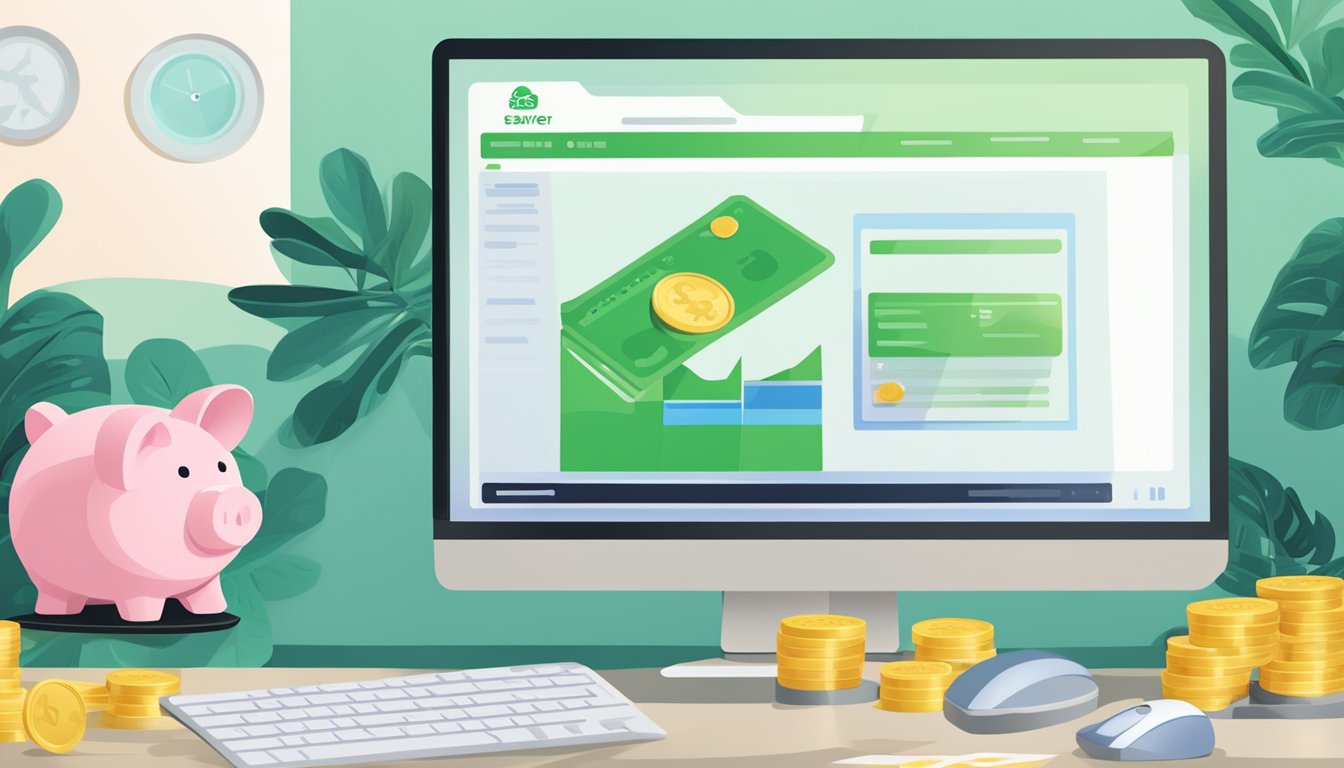 A hand reaching for a computer mouse, with a stack of coins and a piggy bank in the background. The computer screen displays the "eSaver standard chartered esaver singapore" webpage