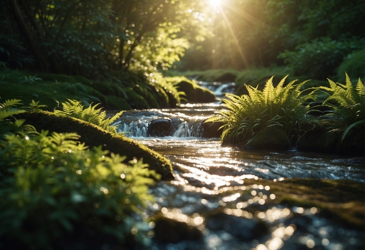 Sunlight filters through lush, green foliage onto a flowing stream. The water reflects the bright, natural highlights of hair