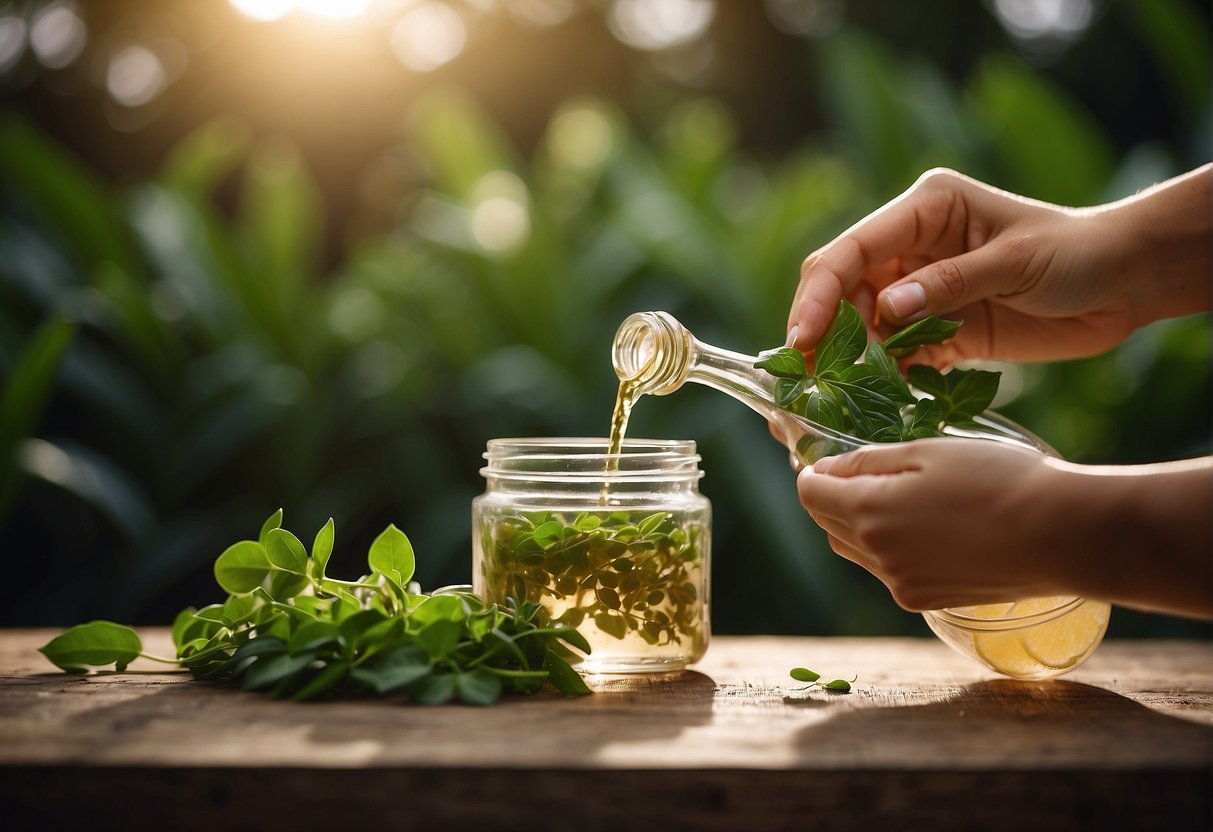 A woman's hand pouring natural ingredients onto a strand of lightened hair, with a soft glow and lush greenery in the background