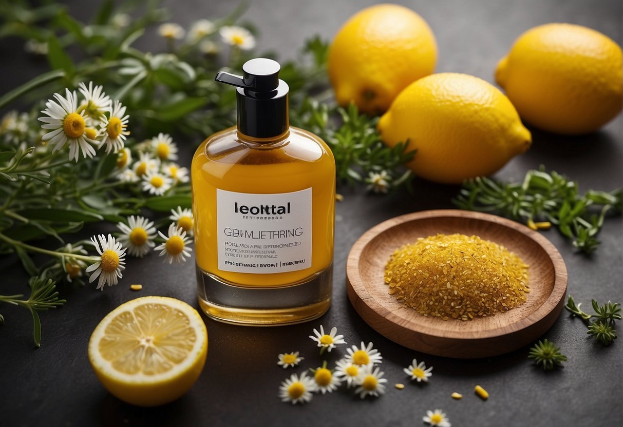 A bottle of natural hair lightening solution surrounded by bright, fresh ingredients like lemon, honey, and chamomile