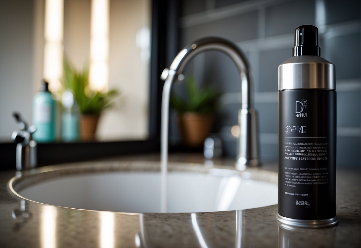 A hair curling wand is heating up on a bathroom countertop as a can of texturizing spray sits next to it