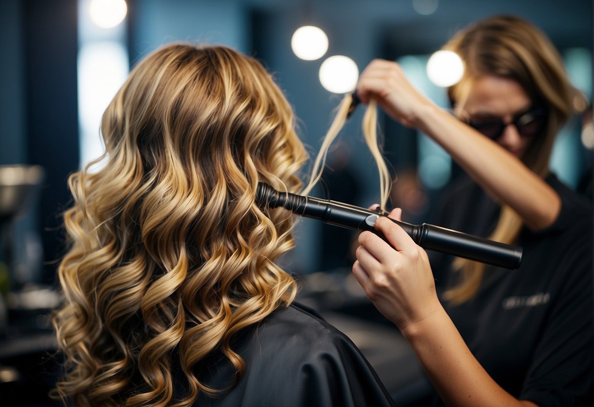 Hair being sectioned and wrapped around a curling wand, creating cascading waves