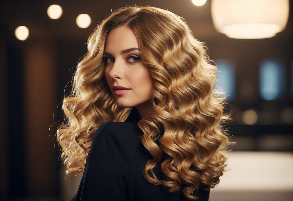 A woman's hair being styled into waves using a curling iron