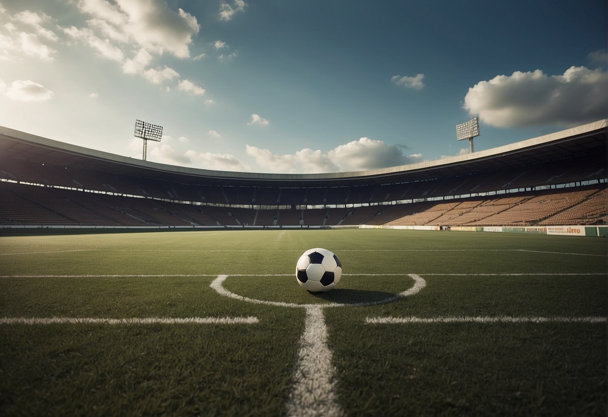Pelé's demise: a deserted soccer field, with a lone ball resting in the center, surrounded by empty stands and a somber sky