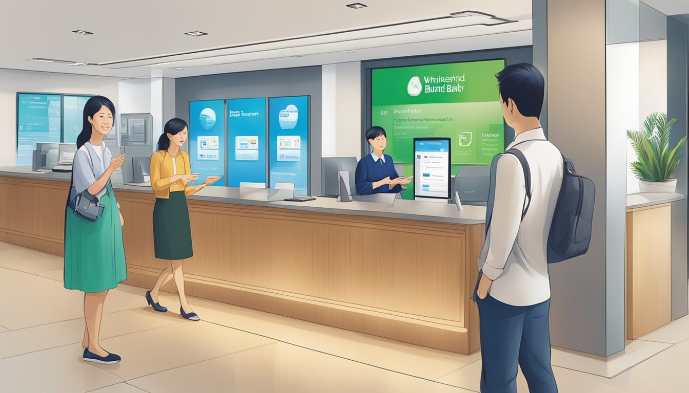 A customer gestures towards a sign advertising fee waivers at a Standard Chartered bank branch in Singapore