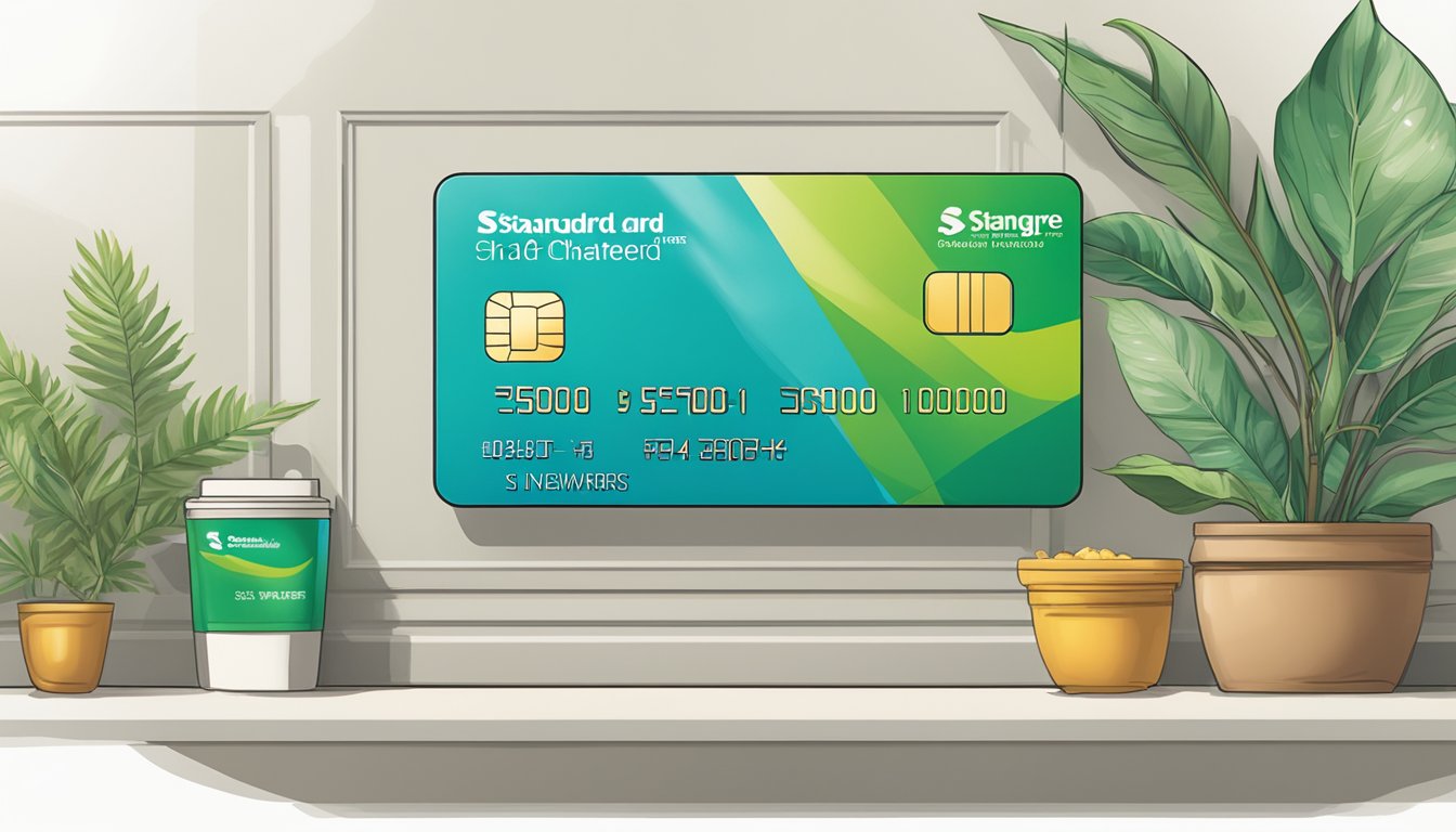 A bank card with "Rewards and Promotions" displayed, next to a sign reading "Standard Chartered Fee Waiver Singapore."