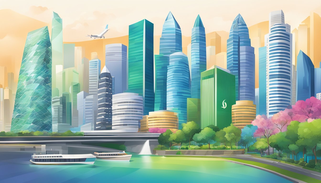 A vibrant cityscape with iconic Singapore landmarks in the background, showcasing various financial institutions including Standard Chartered with a prominent fee waiver sign