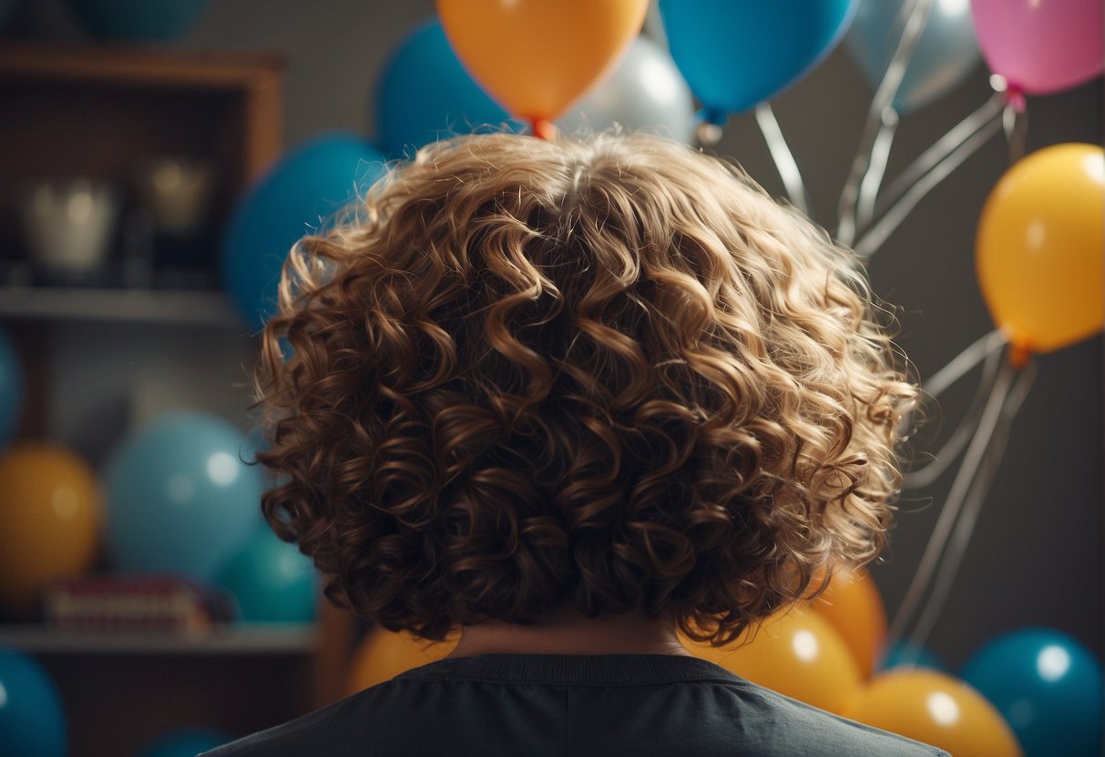 Hair standing on end, surrounded by objects like balloons or combs. Static electricity being transferred