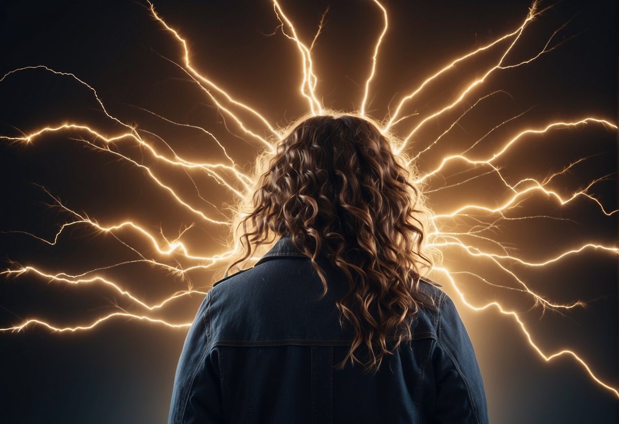 A person's hair standing on end with visible sparks, surrounded by question marks and a crossed-out lightning bolt symbol