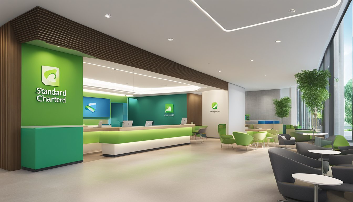 A sleek, modern bank branch in Singapore, with the Standard Chartered logo prominently displayed. The interior is bright and inviting, with comfortable seating areas for customers to discuss home loan rates with friendly staff