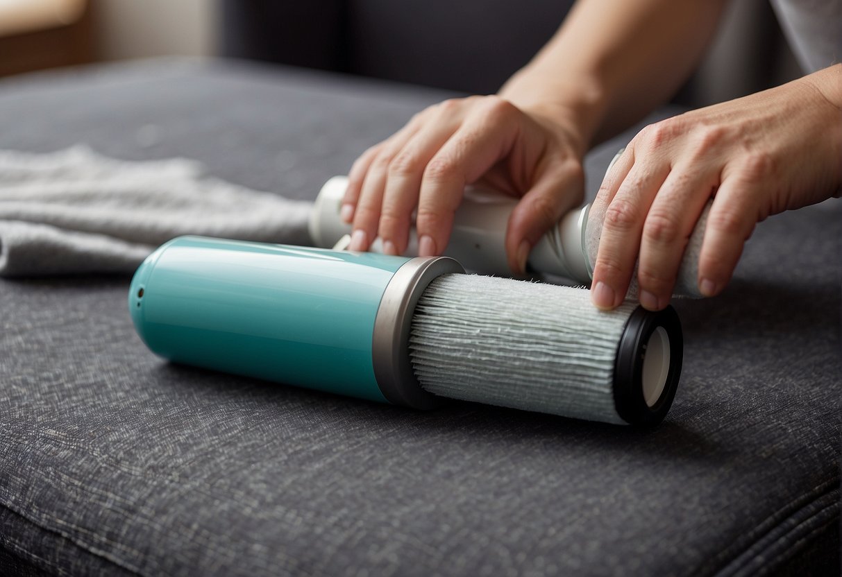 A lint roller removing cat hair from fabric